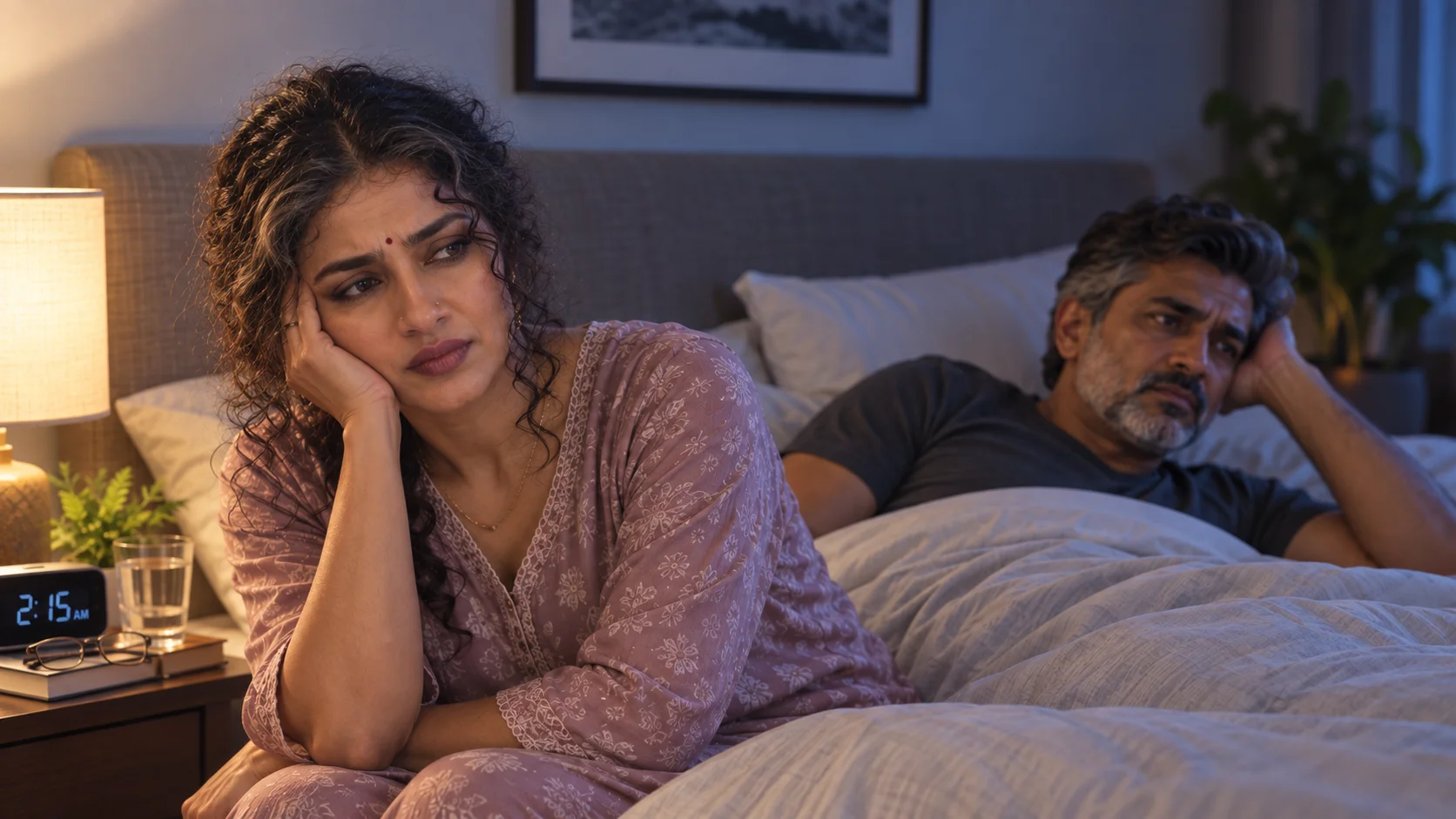 Woman sleepless in bed due to eye and facial complications