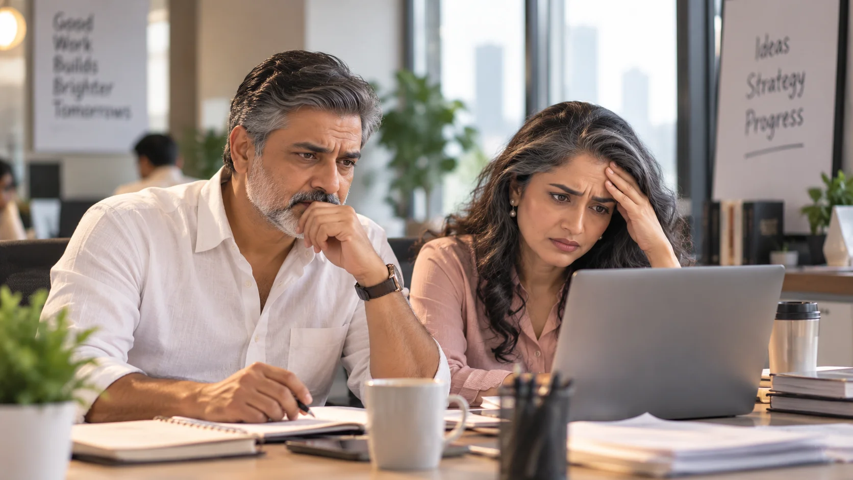 Couple working at desk feeling stressed with nerve pain