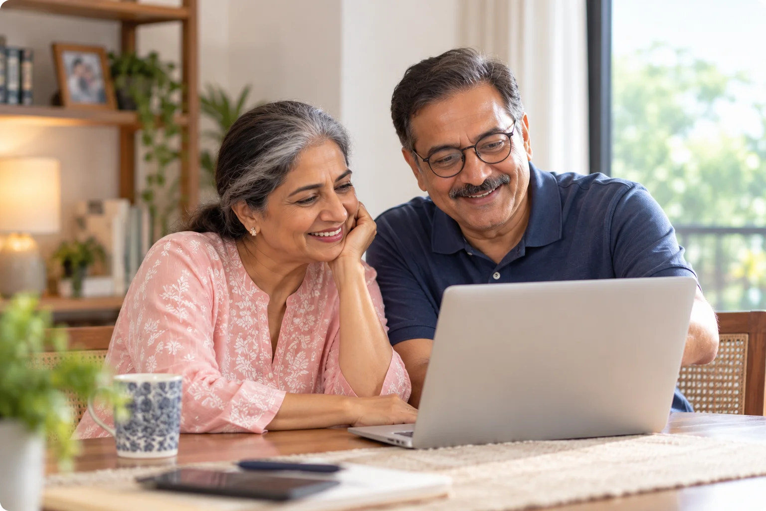 Senior couple taking online health risk assessment on laptop