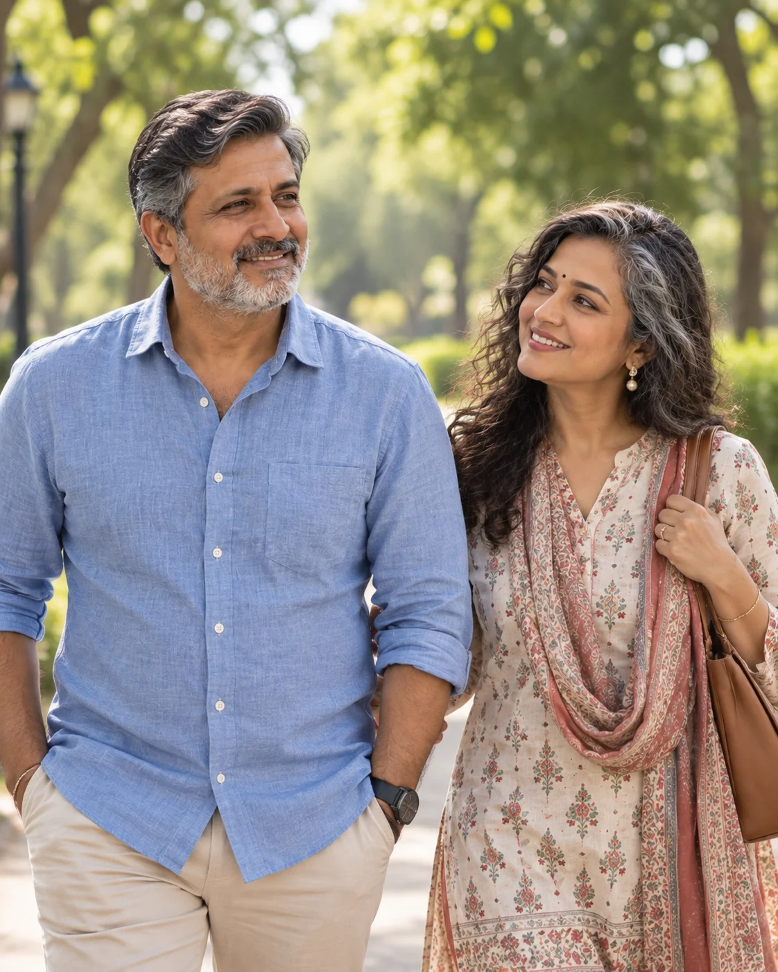 Mature Indian couple walking outdoors in a park
