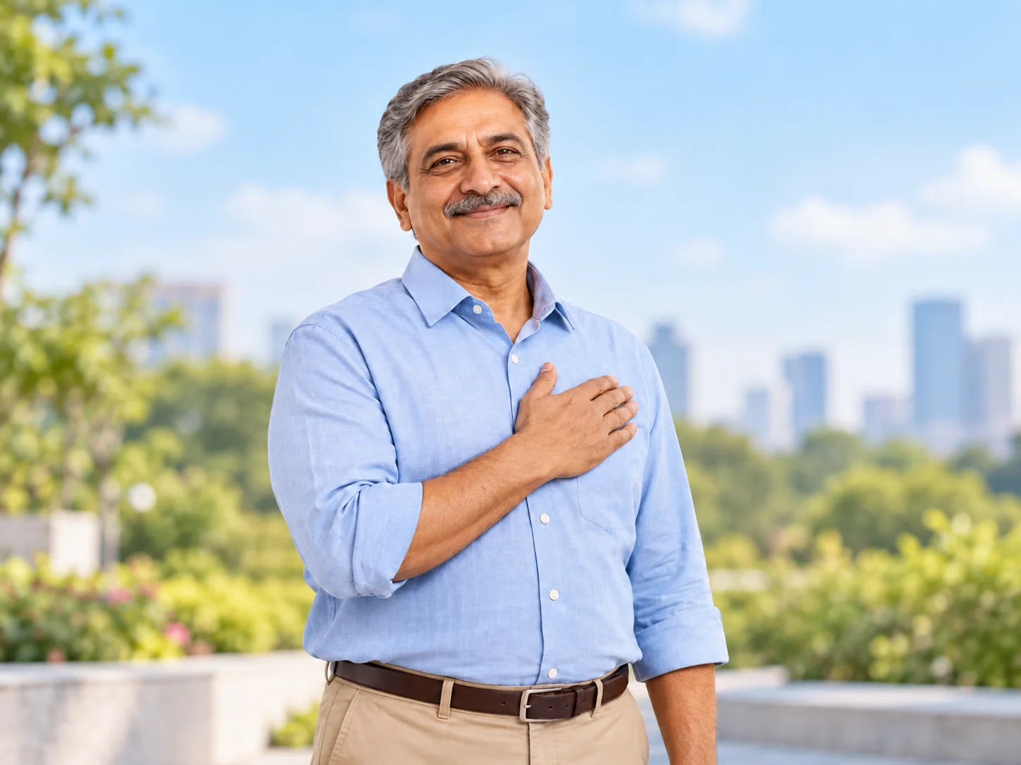 Mature man pledging with hand over heart for healthy living